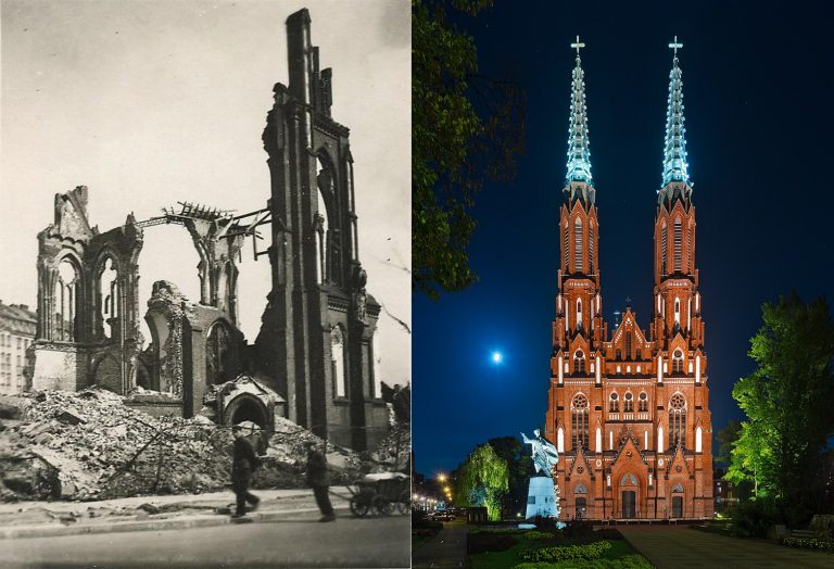 Warszawa – bazylika katedralna św. Michała Archanioła i św. Floriana Męczennika w roku 1946 i współcześnie, po przeprowadzonej w latach 1947-1972 rekonstrukcji